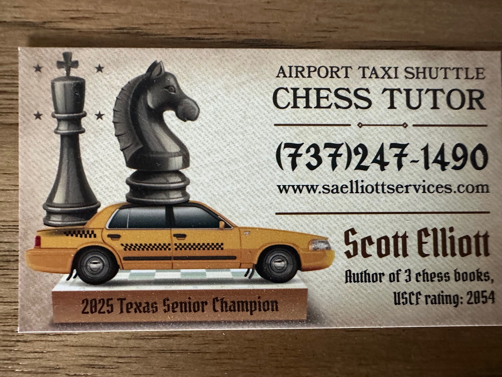 S A Elliott Services business card — Airport Taxi Shuttle & Chess Tutor
